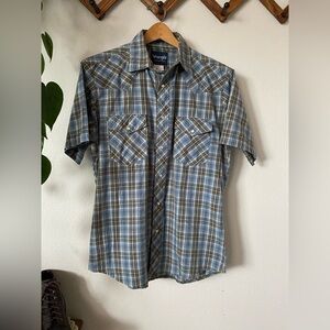 Vintage 90’s Wrangler Plaid Western Cowboy Shirt Sz M Pearl Snap Short Sleeve
